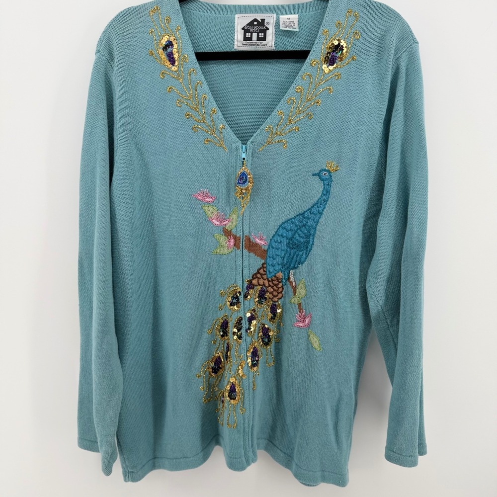 Storybook Knits‎ Peacock Cardigan Sweater 1X Zip Embroidered Sequin Beaded HSN